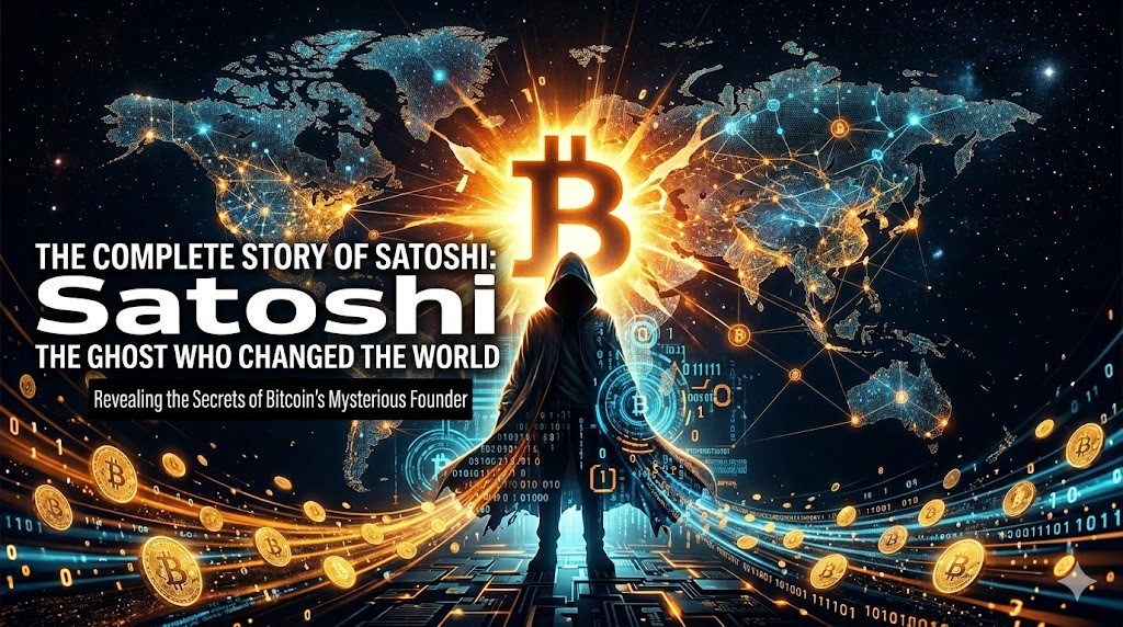 Satoshi Nakamoto mysterious figure with Bitcoin symbol representing anonymous creator of cryptocurrency