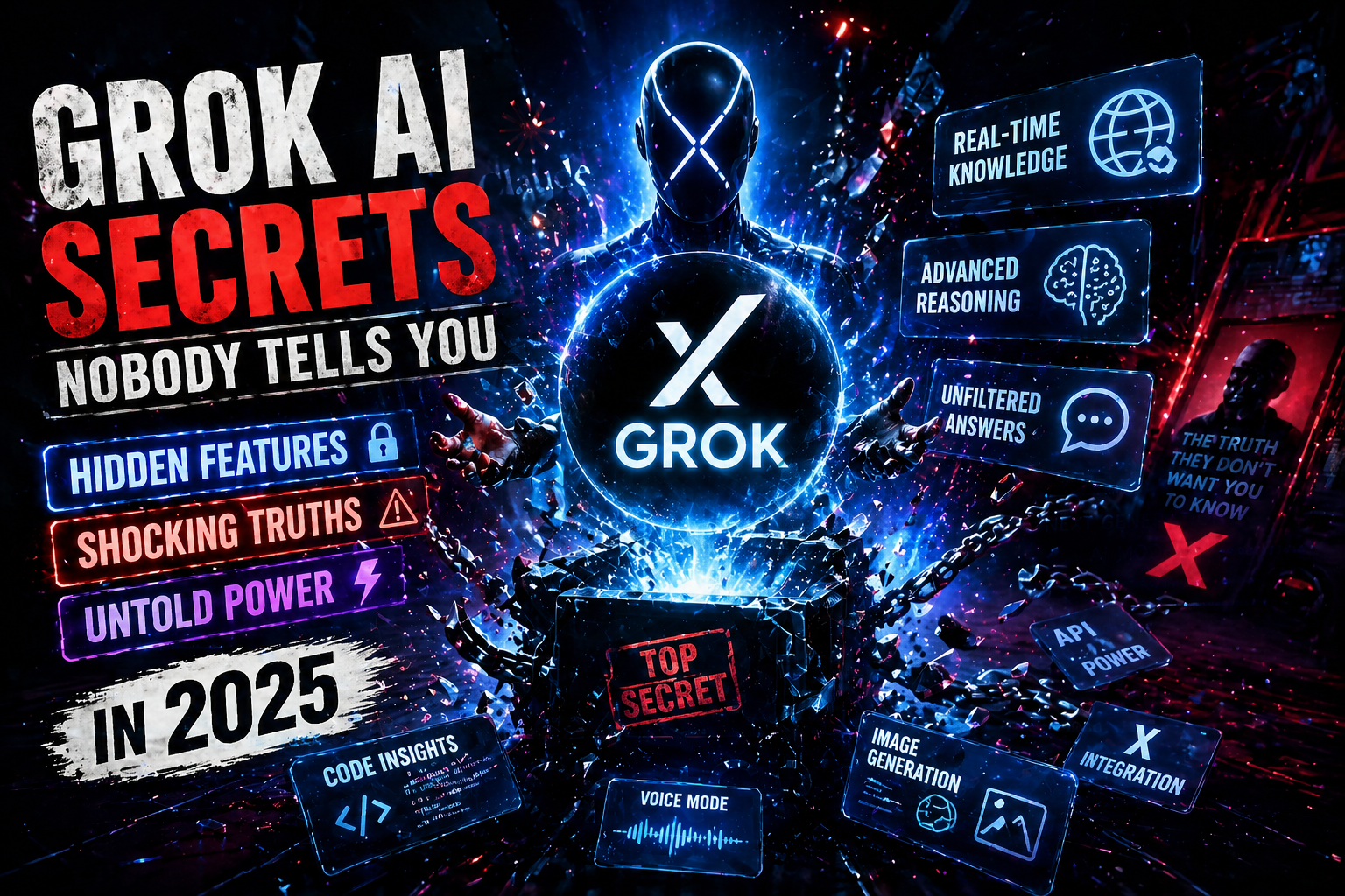 Grok AI secrets showing hidden features and powerful artificial intelligence interface with futuristic design
