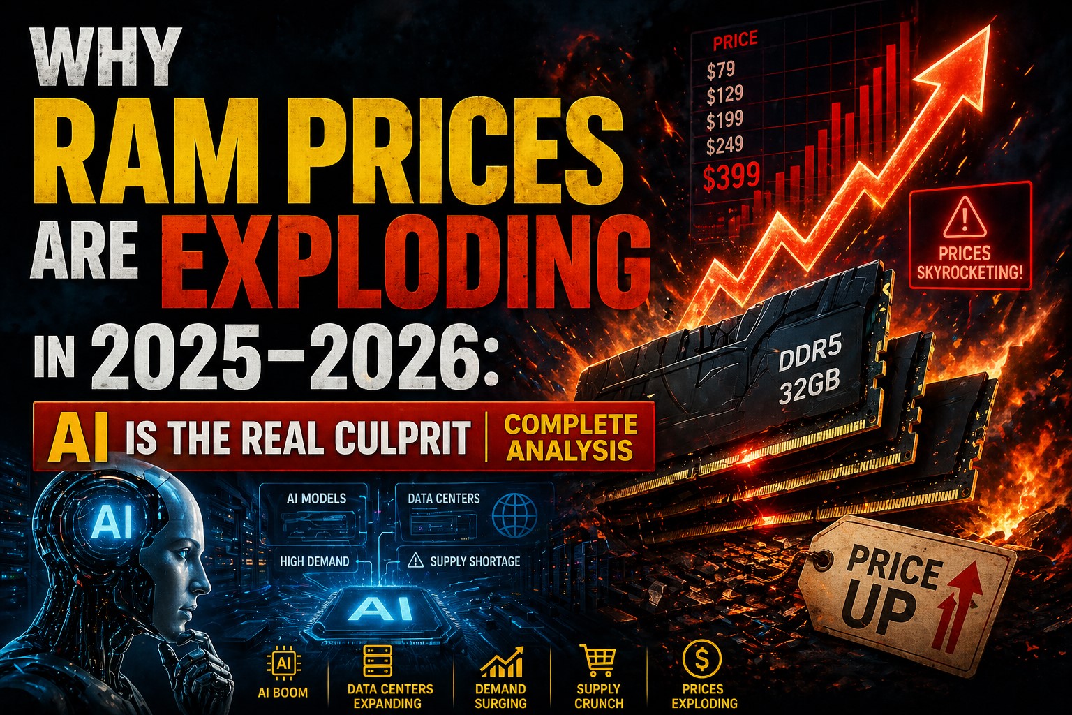 RAM prices increasing due to AI demand showing memory chips and rising cost graph