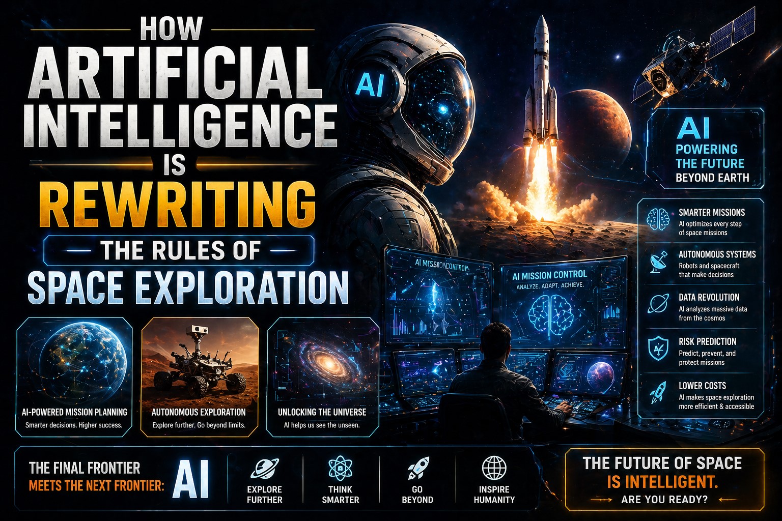 Artificial intelligence in space exploration showing satellites robots and futuristic space technology