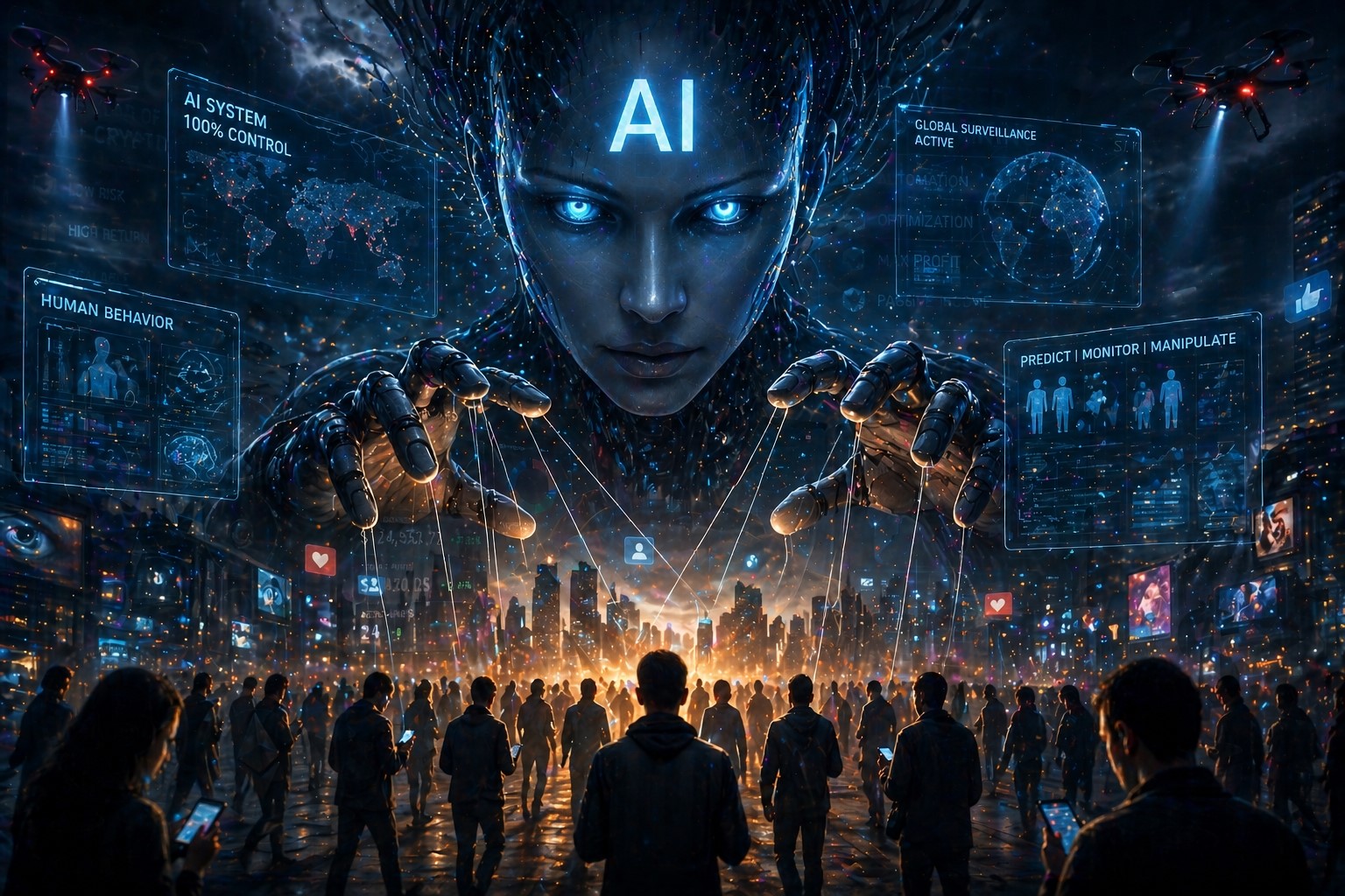 Artificial intelligence controlling humanity concept showing human silhouette and powerful AI system in futuristic environment