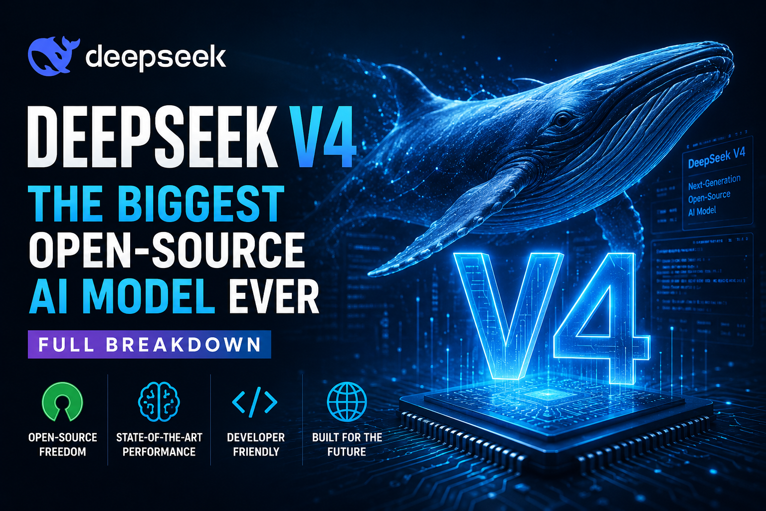 DeepSeek V4 open-source AI model futuristic technology illustration with digital whale and advanced processor