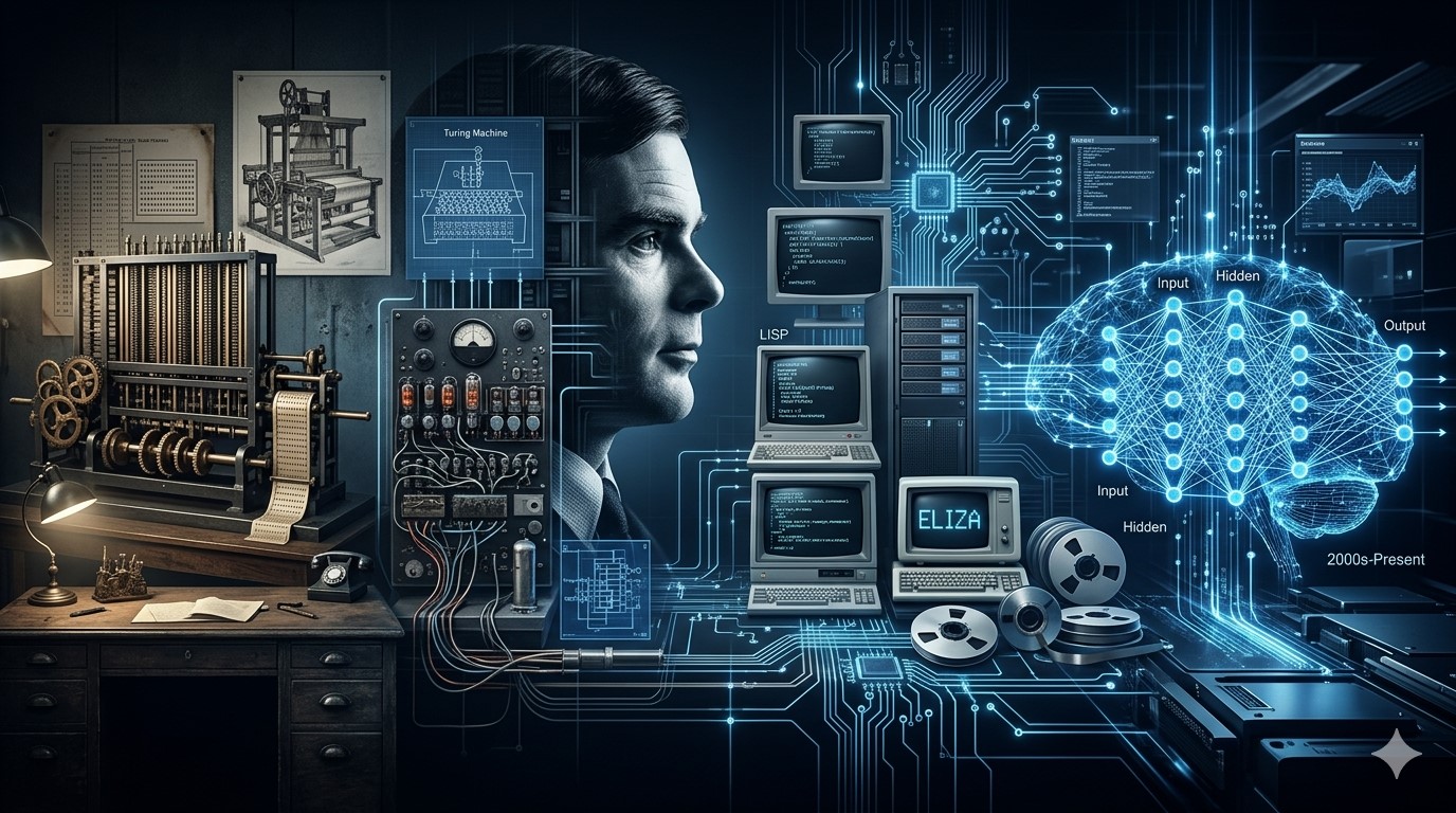 History of artificial intelligence showing early computers and modern AI evolution