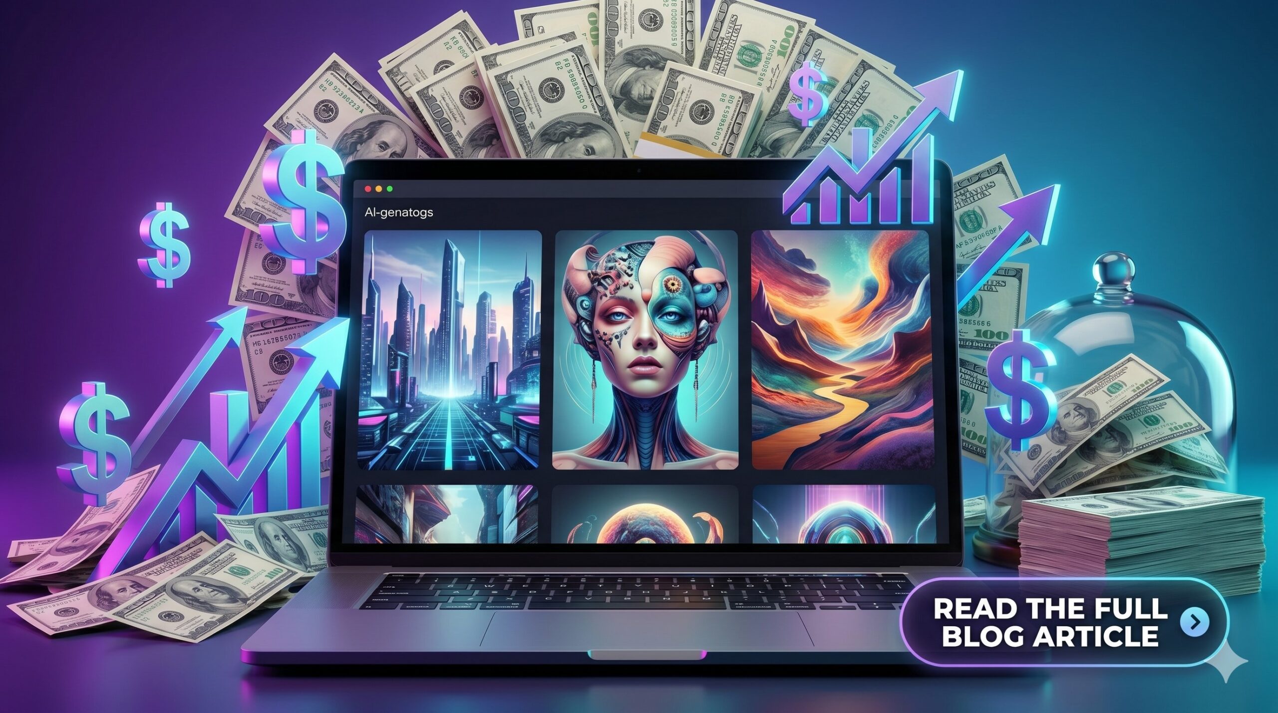 Make money with AI images showing digital art creation and online income generation