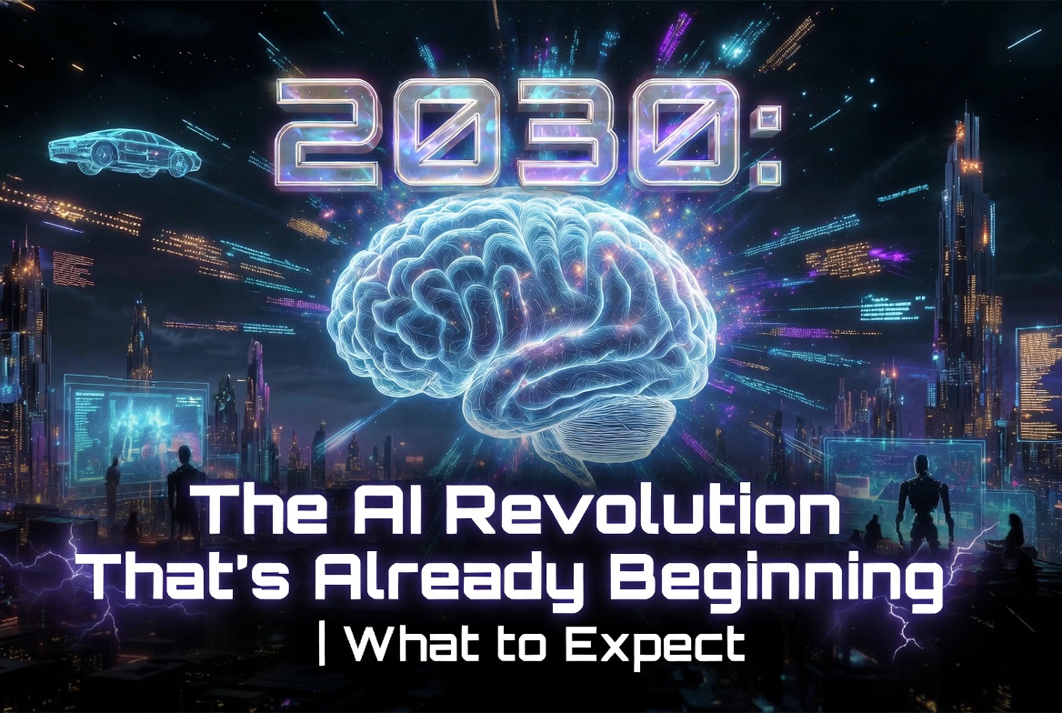 Futuristic AI revolution in 2030 showing advanced technology smart cities and artificial intelligence systems