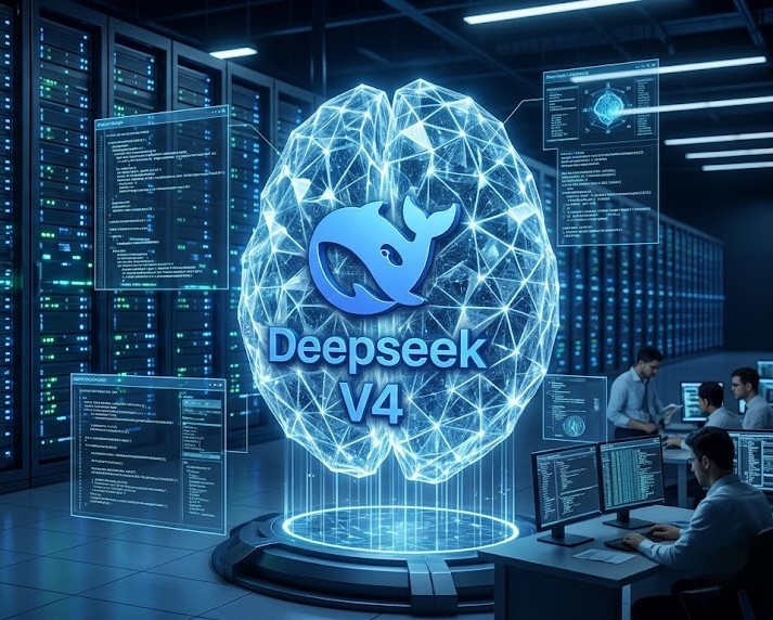 DeepSeek V4 open source AI model with futuristic interface and advanced artificial intelligence system April 2026
