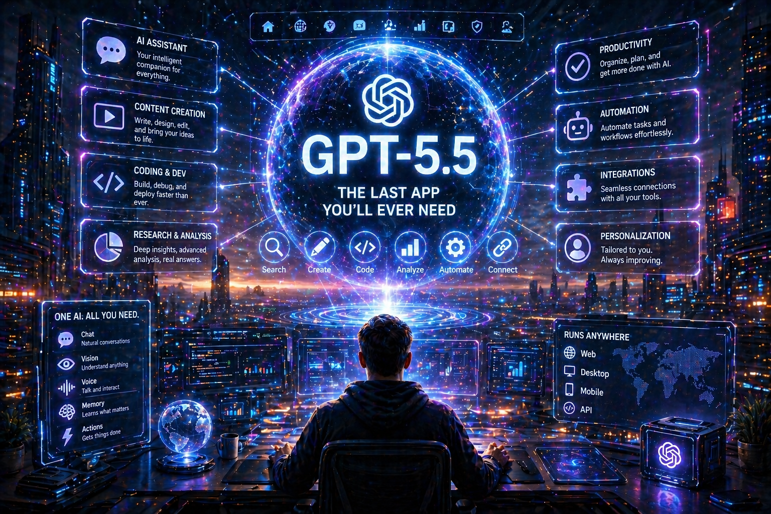 GPT-5.5 OpenAI AI app interface futuristic all-in-one artificial intelligence platform 2026