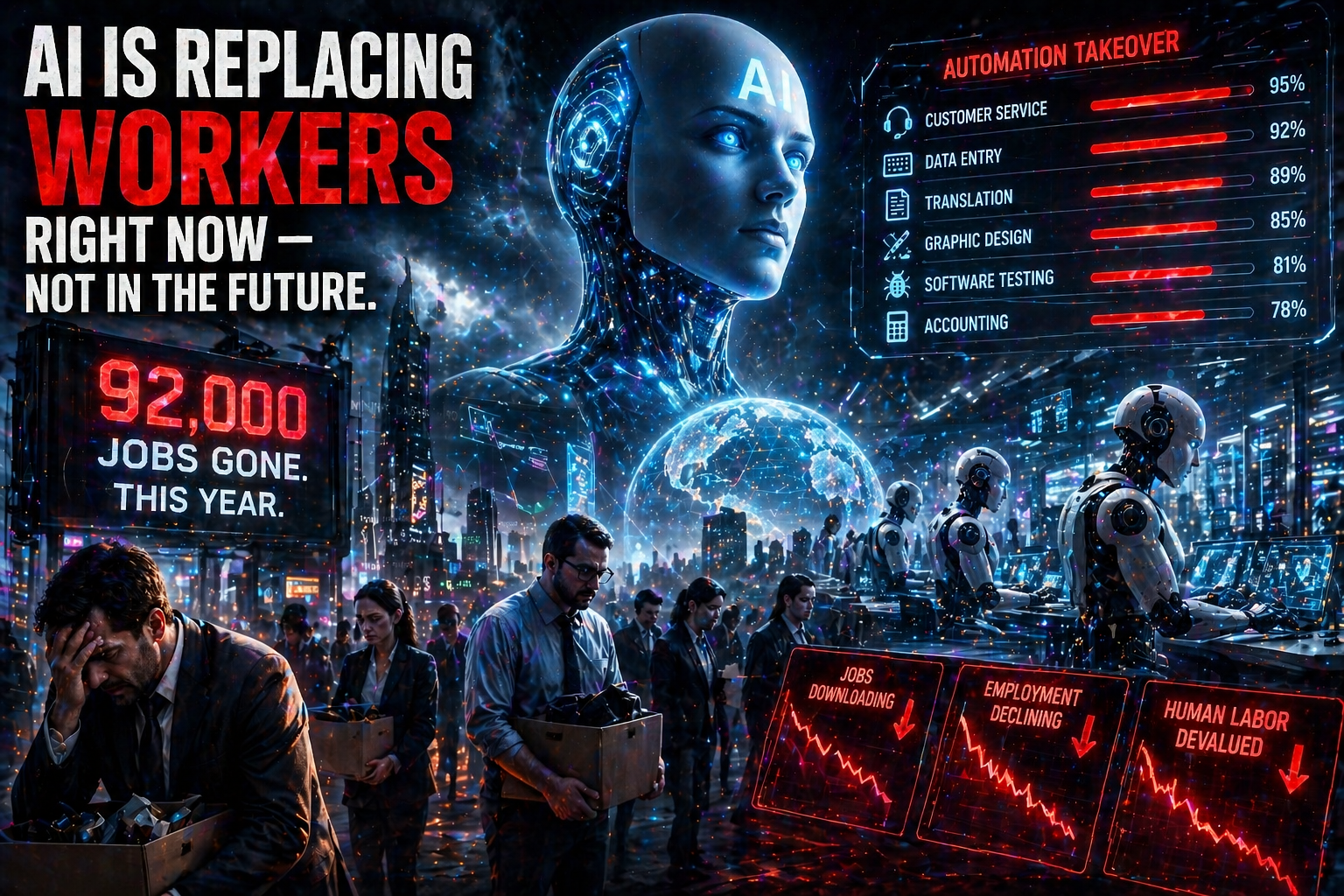 AI replacing workers concept showing robots and humans with job loss statistics 92000 jobs lost in 2026