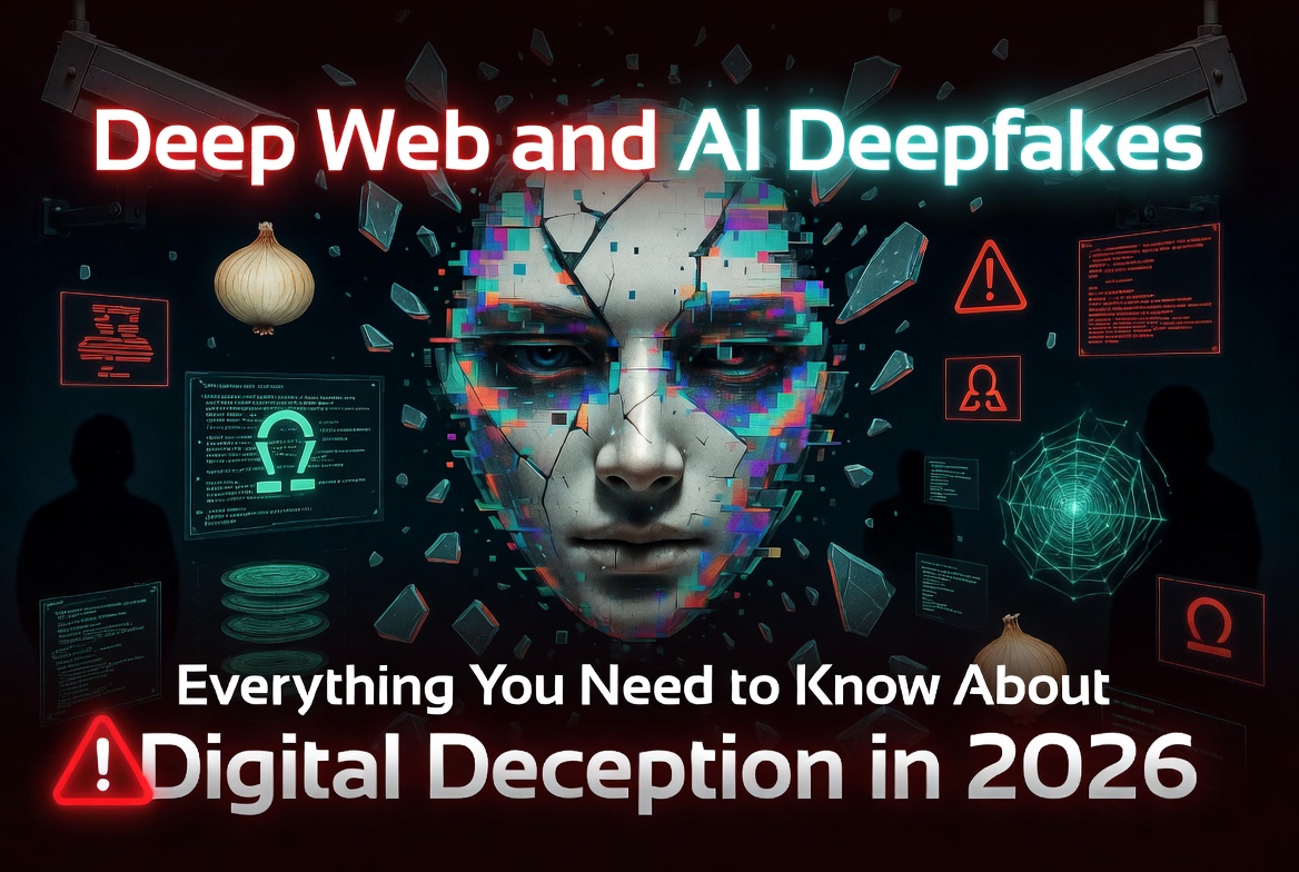 AI deepfakes and deep web concept showing digital deception cyber threats and manipulated faces