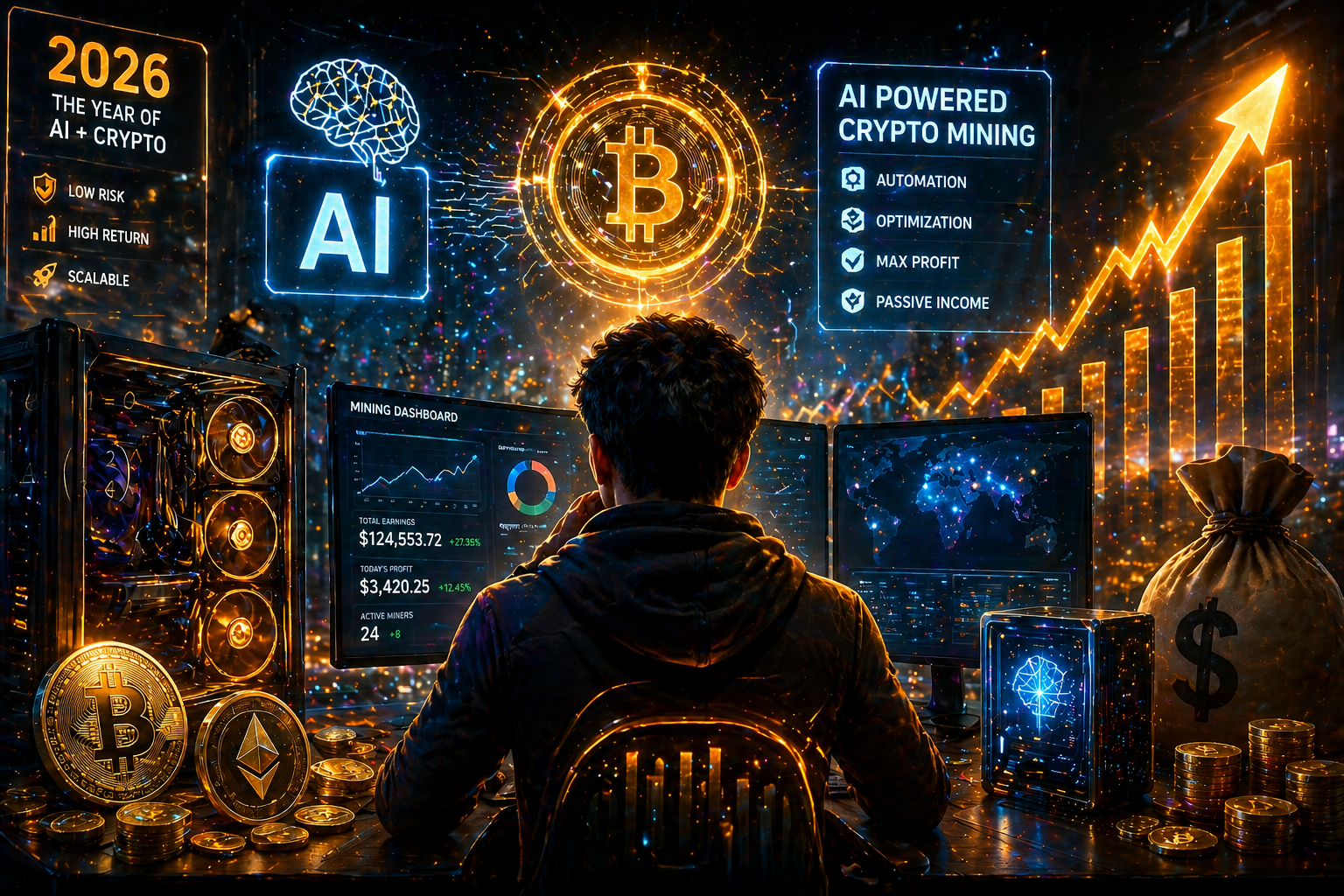AI crypto mining concept showing automated machines and digital coins generating passive income in 2026