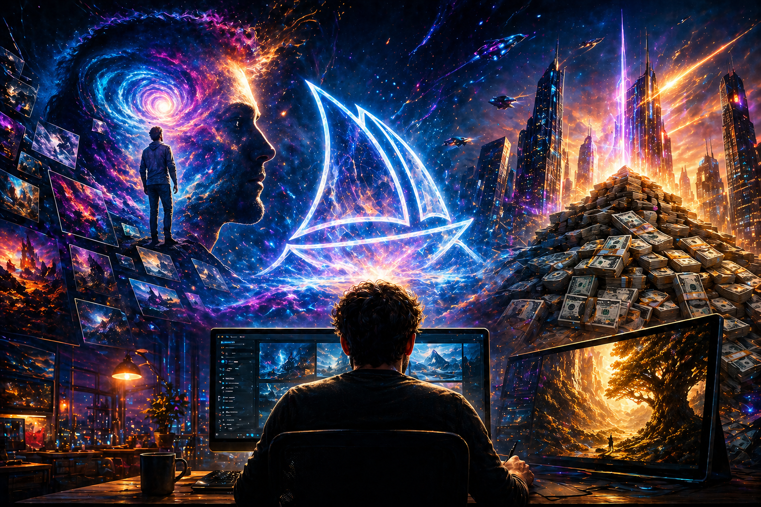 Midjourney AI story showing growth from startup to 500 million dollar AI company with digital art elements