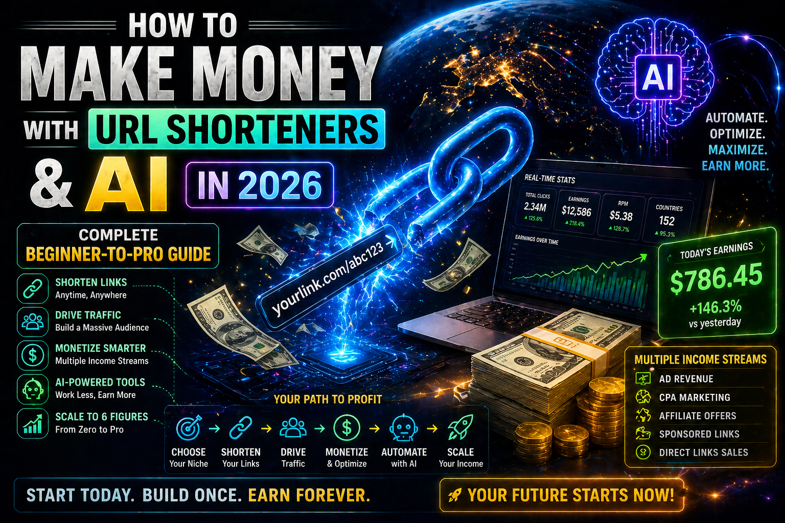 Make money with URL shorteners and AI showing links generating income and digital marketing concept