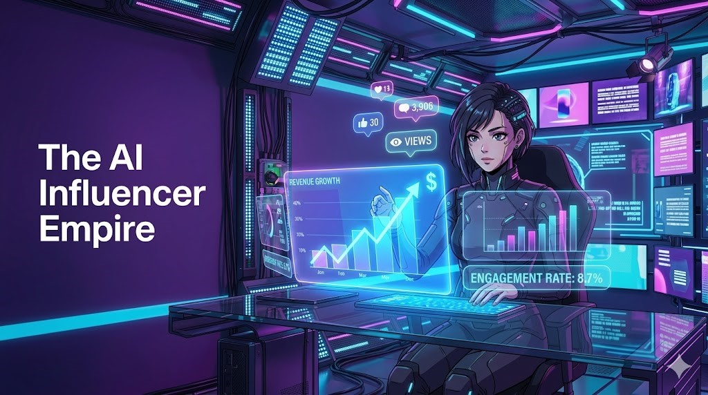 AI influencers and virtual creators building digital media businesses with futuristic social media concept
