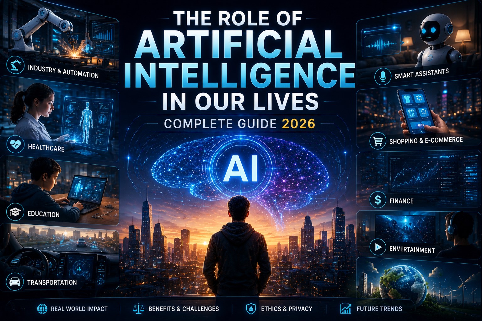 Artificial intelligence in daily life showing smart technology healthcare education and digital assistants