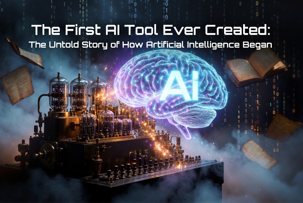 The first artificial intelligence tool with early computer systems and futuristic AI evolution concept