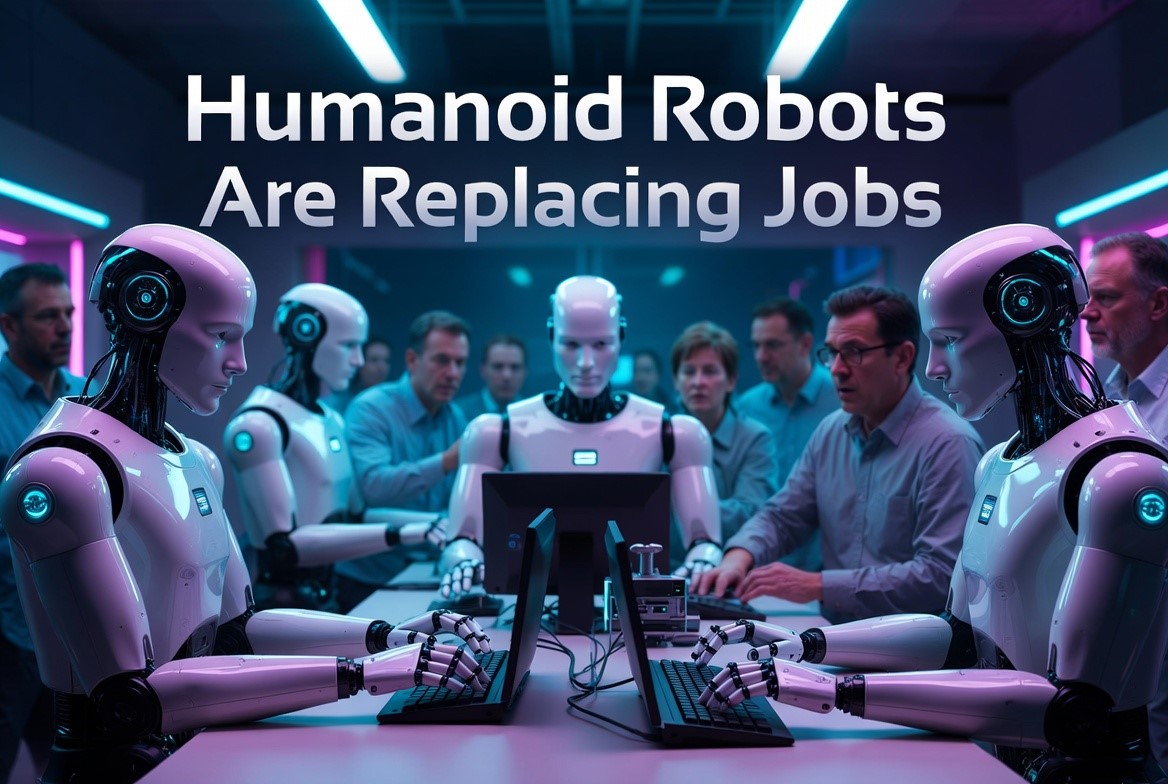 Humanoid robots replacing human workers in offices and factories during the AI automation era